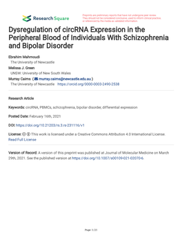 Dysregulation of Circrna Expression in the Peripheral Blood of Individuals with Schizophrenia and Bipolar Disorder