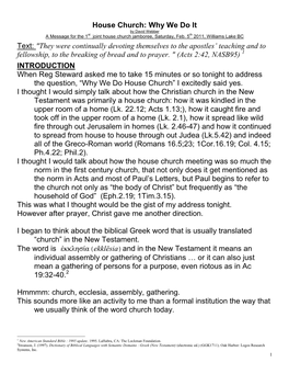 House Church: Why We Do It by David Webber a Message for the 1St Joint House Church Jamboree, Saturday, Feb