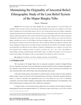 Maintaining the Originality of Ancestral Belief; Ethnographic Study of the Lom Belief System of the Mapur Bangka Tribe