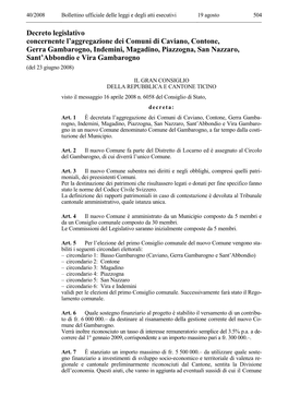 Decreto Legislativo Concernente L'aggregazione Dei Comuni Di