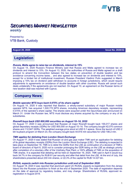 Legislation Company News SECURITIES MARKET NEWS