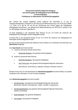 Tierseuchenrechtliche Allgemeinverfügung Zum Schutz Gegen Die Geflügelpest Durch Wildvögel Im Kreis Segeberg -Festlegung Von Sperrbezirk Und Beobachtungsgebiet