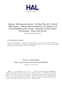 Oration ``Existimatis Fortasse'' of Pope Pius II (1 March 1462, Rome