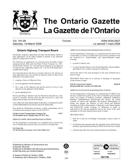 Ontario Gazette Volume 141 Issue 9, La Gazette De L'ontario Volume 141