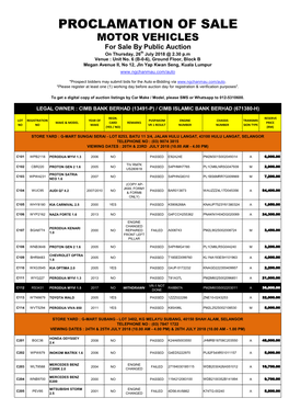 PROCLAMATION of SALE MOTOR VEHICLES for Sale by Public Auction on Thursday, 26Th July 2018 @ 2.30 P.M Venue : Unit No