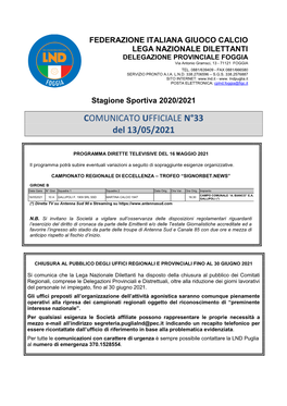 COMUNICATO UFFICIALE N°33 Del 13/05/2021