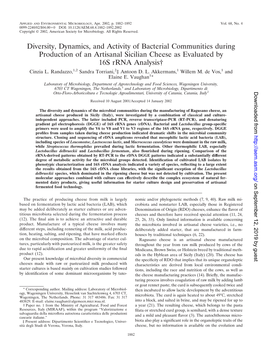 Diversity, Dynamics, and Activity of Bacterial Communities During Production of an Artisanal Sicilian Cheese As Evaluated by 16S Rrna Analysis† Cinzia L