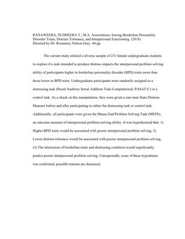 Associations Among Borderline Personality Disorder Traits, Distress Tolerance, and Interpersonal Functioning