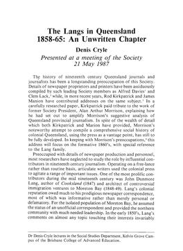 The Langs in Queensland 1858-65: an Unwritten Chapter Denis Cryle Presented at a Meeting of the Society 21 May 1987