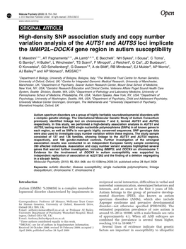 High-Density SNP Association Study and Copy Number Variation Analysis of the AUTS1 and AUTS5 Loci Implicate the IMMP2L–DOCK4 Gene Region in Autism Susceptibility