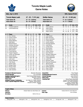 Toronto Maple Leafs Game Notes