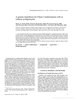 A Genetic Hypothesis for Chiari I Malformation with Or Without Syringomyelia