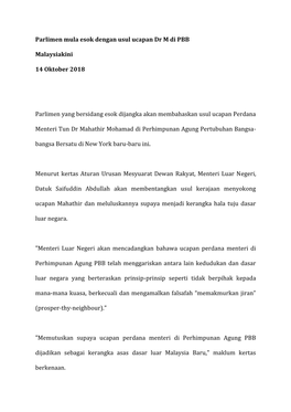 Parlimen Mula Esok Dengan Usul Ucapan Dr M Di PBB Malaysiakini