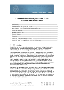 Lambeth Palace Library Research Guide Sources for Clerical Dress