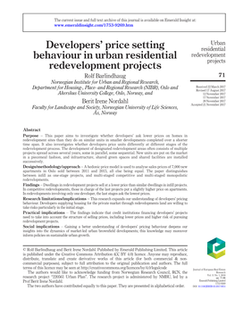 Developers' Price Setting Behaviour in Urban Residential Redevelopment