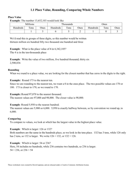 1.1 Place Value, Rounding, Comparing Whole Numbers