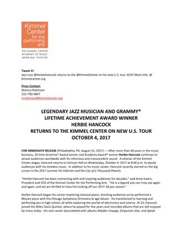 Legendary Jazz Musician and Grammy® Lifetime Achievement Award Winner Herbie Hancock Returns to the Kimmel Center on New U.S