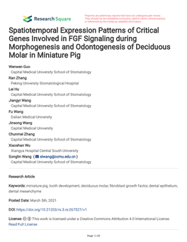 Spatiotemporal Expression Patterns of Critical Genes Involved in FGF Signaling During Morphogenesis and Odontogenesis of Deciduous Molar in Miniature Pig