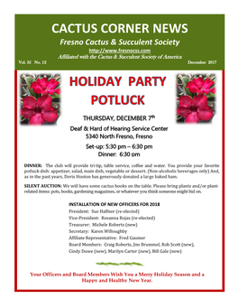CACTUS CORNER NEWS Fresno Cactus & Succulent Society Affiliated with the Cactus & Succulent Society of America Vol