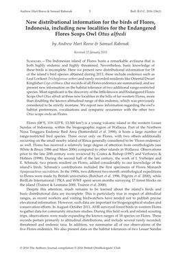 New Distributional Information for the Birds of Flores, Indonesia, Including New Localities for the Endangered Flores Scops Owl Otus Alfredi