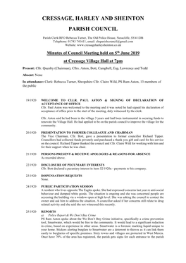 Minutes of Council Meeting Held on 5Th June 2019 at Cressage Village Hall at 7Pm Present: Cllr