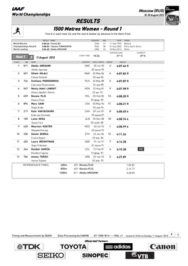 RESULTS 1500 Metres Women - Round 1 First 6 in Each Heat (Q) and the Next 6 Fastest (Q) Advance to the Semi-Final