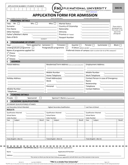 Application for Admission – Local Student