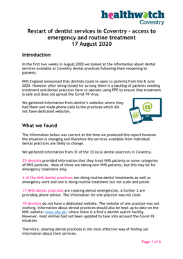 Restart of Dentist Services in Coventry – Access to Emergency and Routine Treatment 17 August 2020