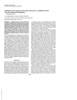 Prediction of the Amount of Secondary Structure in a Globular Protein from Its Aminoacid Compositionj (Helix/Pl-Sheet/Turns) W