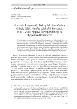 Humanist I Zagrebački Biskup Nicolaus Olahus (Nikola Olah, Nicolae Valahul Ili Românul, 1543-1548) I Njegova Korespondencija Sa Stjepanom Brodarićem