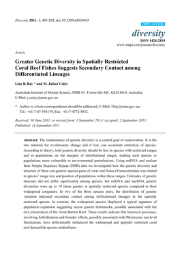 Greater Genetic Diversity in Spatially Restricted Coral Reef Fishes Suggests Secondary Contact Among Differentiated Lineages