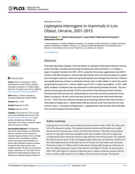 Leptospira Interrogans in Mammals in Lviv Oblast, Ukraine, 2001-2015