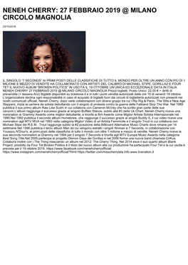 Neneh Cherry: 27 Febbraio 2019 @ Milano Circolo Magnolia