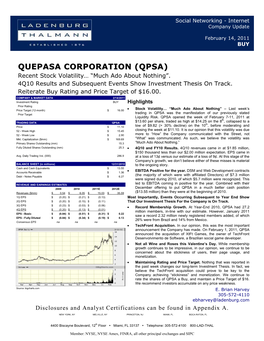QUEPASA CORPORATION (QPSA) Recent Stock Volatility… “Much Ado About Nothing”