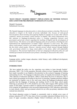 “Have Policy Makers Erred?” Implications of Mother Tongue Education for Pre-Primary Schooling in Uganda