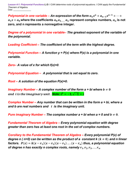 Lesson 4-1 Polynomials