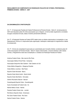 Regulamento Do Campeonato Da Federação Paulista De Futebol Profissional - Primeira Divisão - Série A1 - 2007