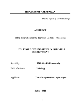 REPUBLIC of AZERBAIJAN on the Rights of the Manuscript ABSTRACT