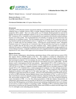 Utilization Review Policy 139 Disease Overview