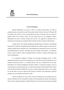 Marceli Handelsman a Note on Biography Marceli Handelsman Was Born in 1882, in a Polish Jewish Family. in 1900, He Graduated