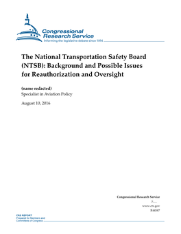 The National Transportation Safety Board (NTSB): Background and Possible Issues for Reauthorization and Oversight