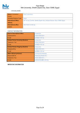 Fact Sheet Nile University, Sheikh Zayed City, Giza 12588, Egypt