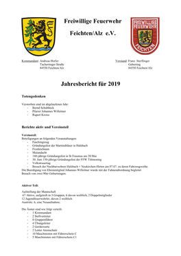 Freiwillige Feuerwehr Feichten/Alz E.V. Jahresbericht Für 2019