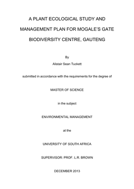 A Plant Ecological Study and Management Plan for Mogale's Gate Biodiversity Centre, Gauteng