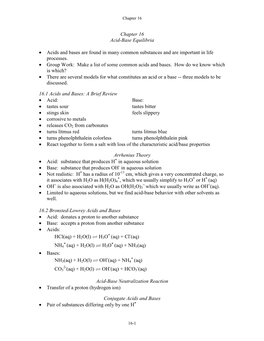 Chapter 16 Acid-Base Equilibria • Acids and Bases