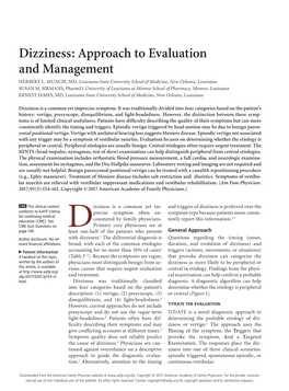 Dizziness: Approach to Evaluation and Management HERBERT L