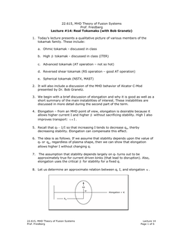 22.615, MHD Theory of Fusion Systems Prof. Freidberg Lecture #14: Real Tokamaks (With Bob Granetz)