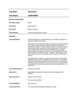 Lab Dept: Chemistry Test Name: CAROTENE