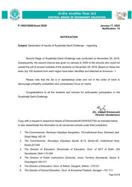 Page 1 of 2 F.1002/CBSE/Acad /2020 January 17, 2020 Notification: 15