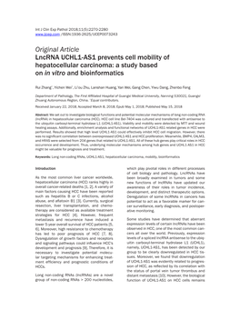 Original Article Lncrna UCHL1-AS1 Prevents Cell Mobility of Hepatocellular Carcinoma: a Study Based on in Vitro and Bioinformatics